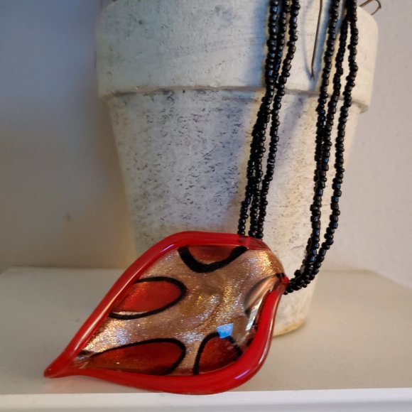 Red & Gold Lampwork Glass Beaded Chain Necklace - Picture 1 of 9